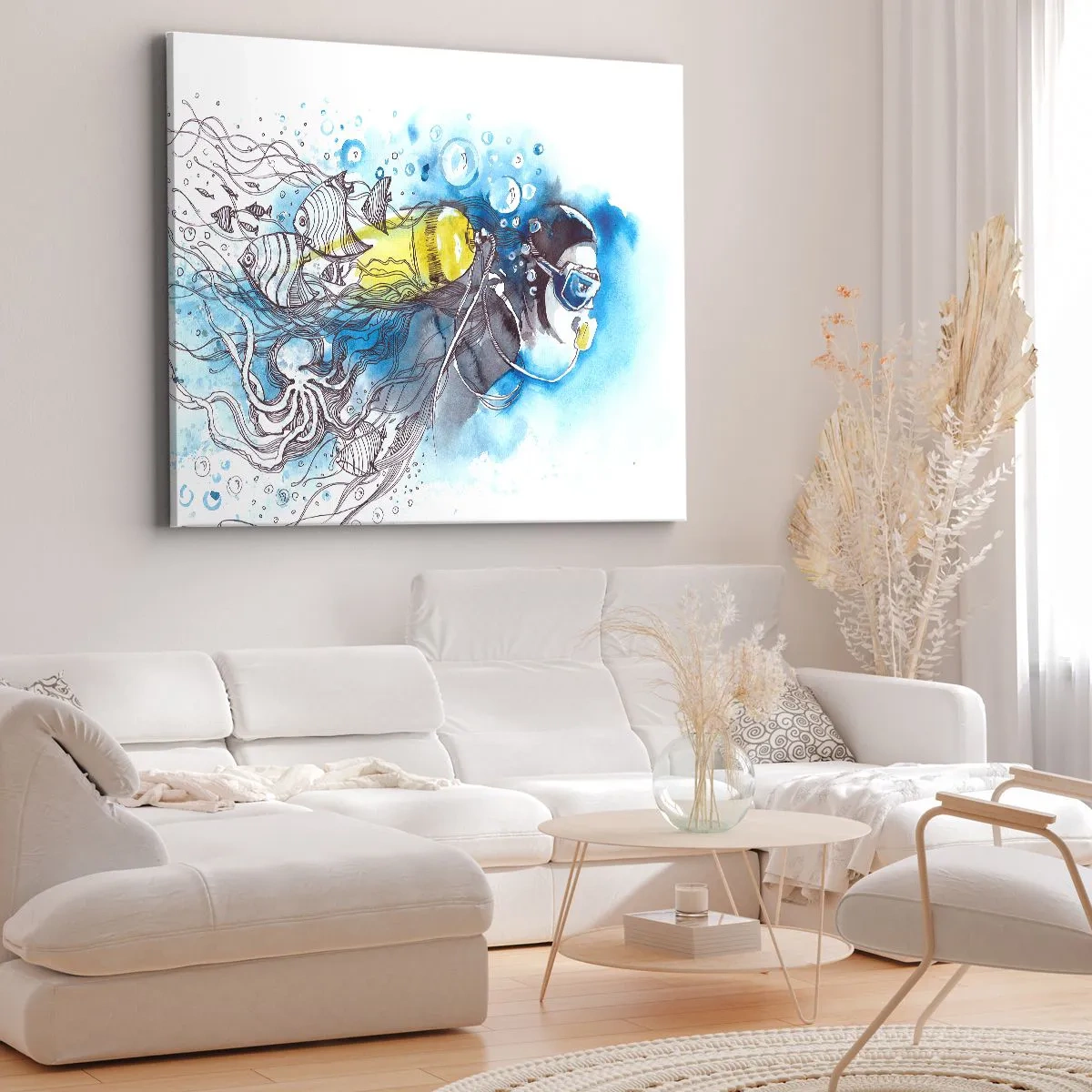 Quadro em tela - Cena subaquática com um mergulhador e peixes exóticos - 70x50cm - Azul Infinito - Decoração de parede moderna para a sala de estar e quarto ARTTOR