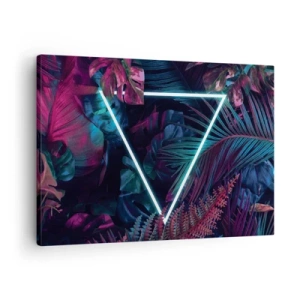 Quadro em tela - Um triângulo neon cercado por folhas tropicais em cores escuras. - 70x50cm - Jardim estilo discoteca - Decoração de parede moderna para a sala de estar e quarto ARTTOR