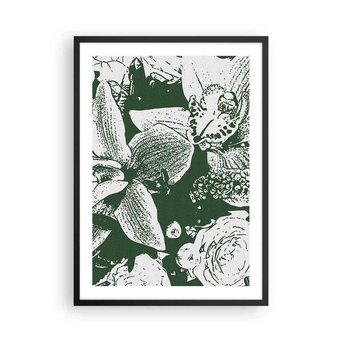 Pôster com moldura preta - Ilustração botânica de flores e folhas em cores contrastantes - 50x70cm - Bouquet - o mundo do verde - Decoração de parede moderna para a sala de estar e quarto ARTTOR
