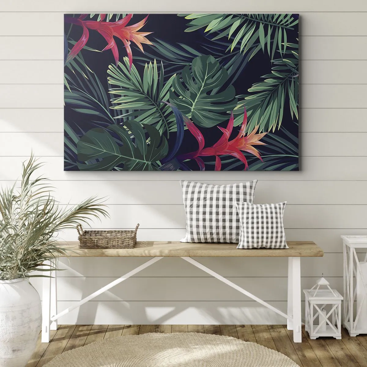 Quadro em tela - Folhas e flores tropicais em um fundo escuro - 70x50cm - Queimar em verde - Decoração de parede moderna para a sala de estar e quarto ARTTOR