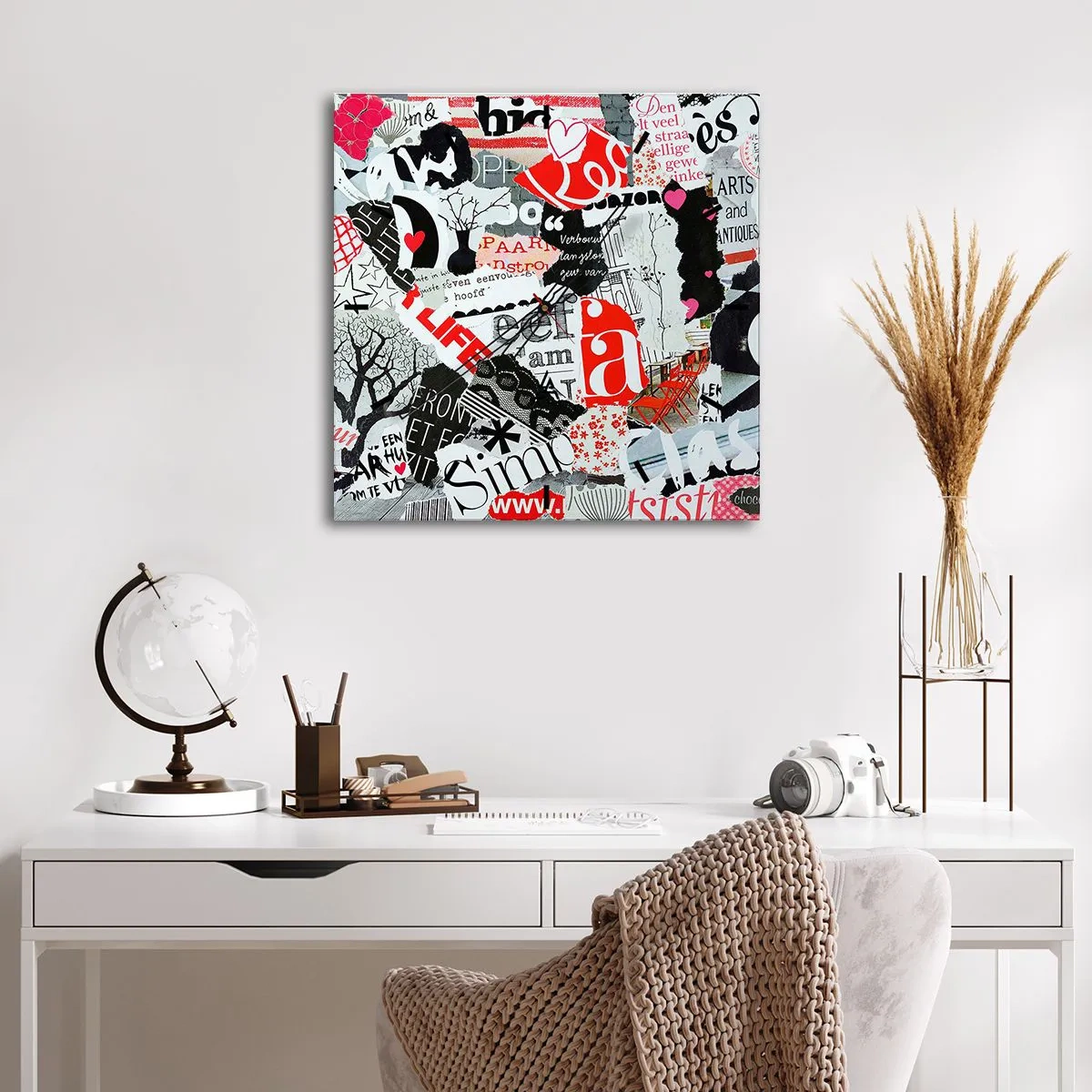 Relógio de parede - Relógio em vidro - Colagem hipster - 40x40 cm