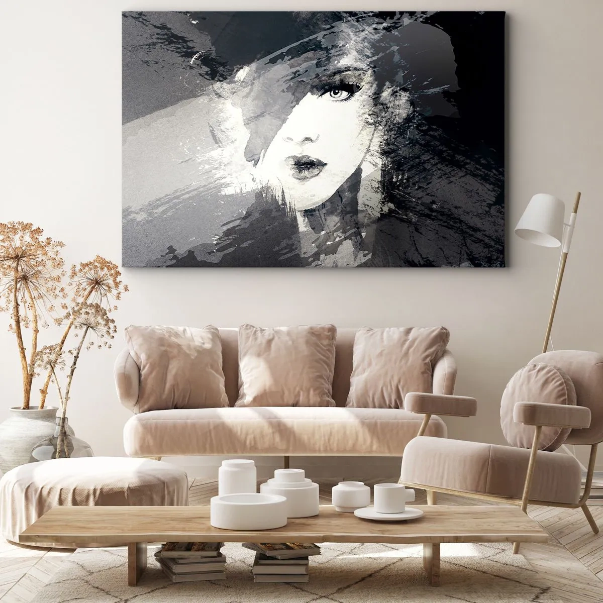 Quadro em tela - Um retrato abstrato de uma mulher em tons de cinza com detalhes delicados. - 70x50cm - Por trás do véu cinzento - Decoração de parede moderna para a sala de estar e quarto ARTTOR