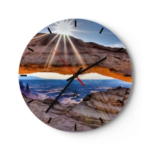 Relógio de parede - Relógio em vidro - Um arco de rocha natural iluminado pelos raios do sol - 30x30cm - Através do portão de pedra - Decoração de parede moderna para a sala de estar, cozinha e quarto ARTTOR