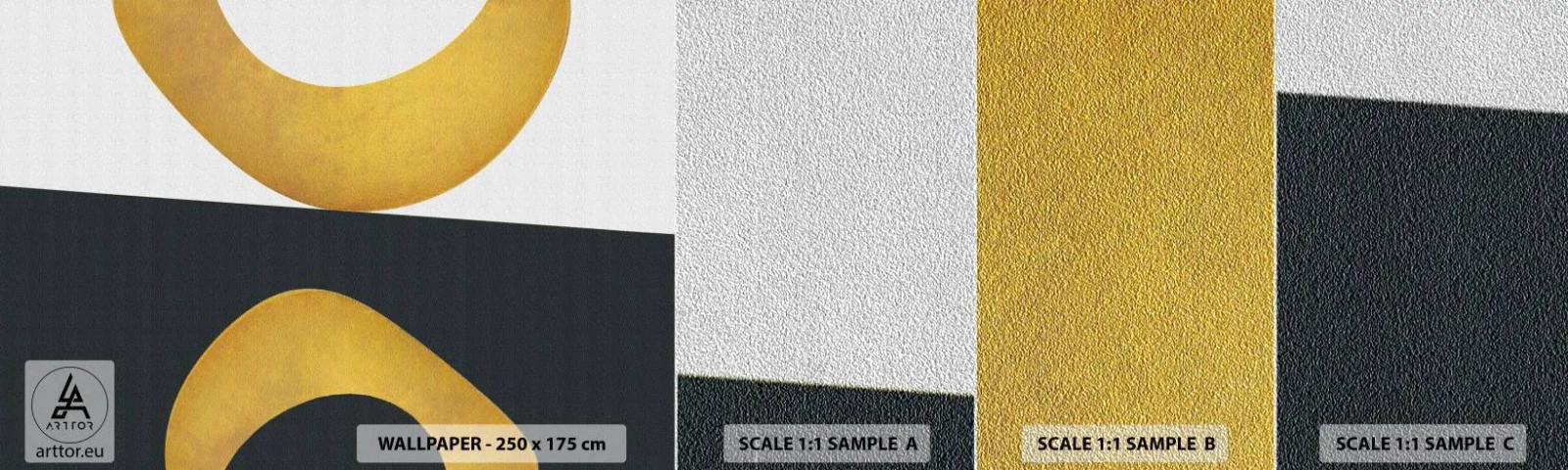 Amostra de papel de parede Premium Sand - Primeiro: ouro - Abstração, Formas, Rodas - 100x30 cm