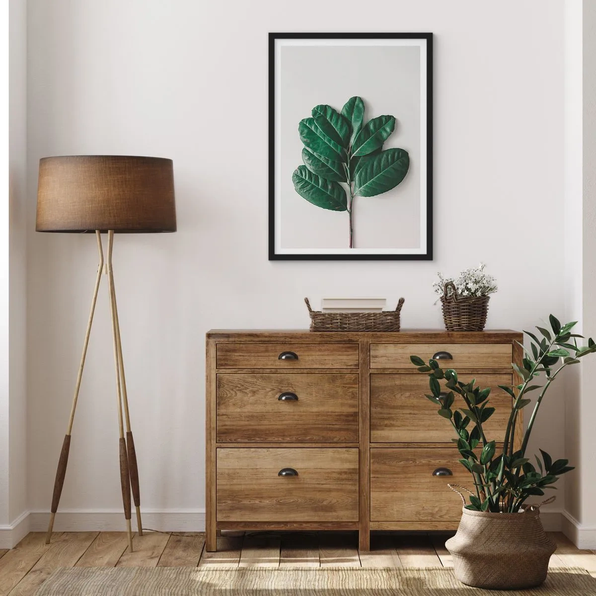 Pôster com moldura preta - Um galho com folhas verde-escuras sobre um fundo claro - 50x70cm - Desenho da própria natureza - Decoração de parede moderna para a sala de estar e quarto ARTTOR