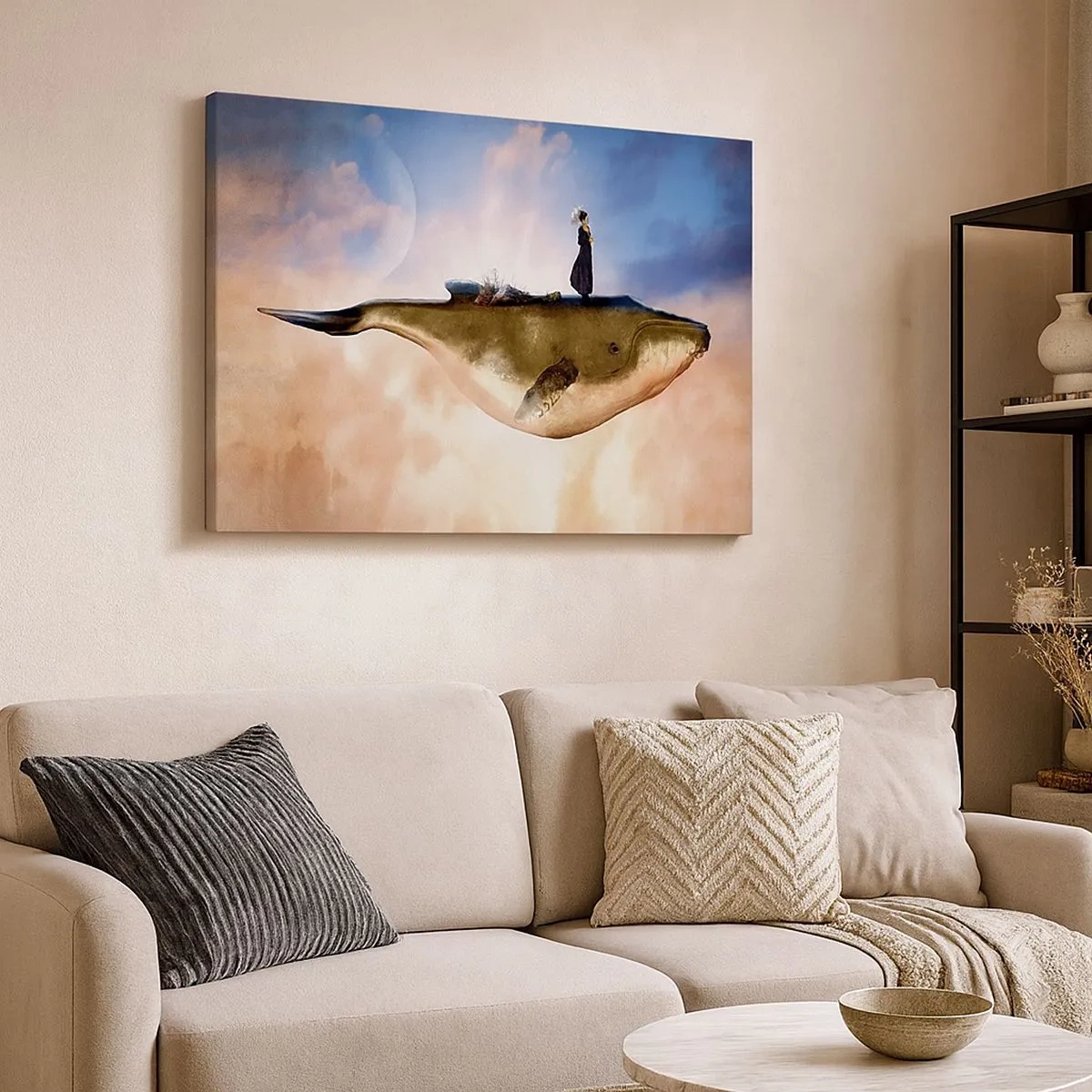 Quadro em tela - Uma cena fantástica de uma mulher em uma baleia entre as nuvens - 70x50cm - Uma viagem surreal - Decoração de parede moderna para a sala de estar e quarto ARTTOR