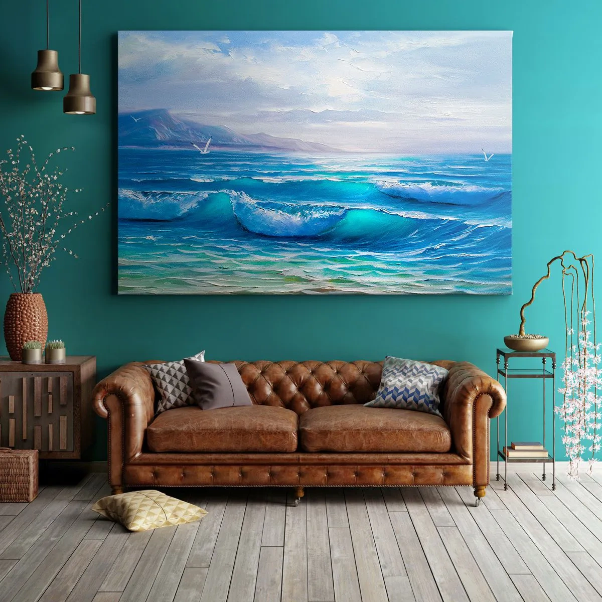 Quadro em tela - Uma paisagem marinha pitoresca com ondas e um céu azul - 70x50cm - Conforta e consola - Decoração de parede moderna para a sala de estar e quarto ARTTOR