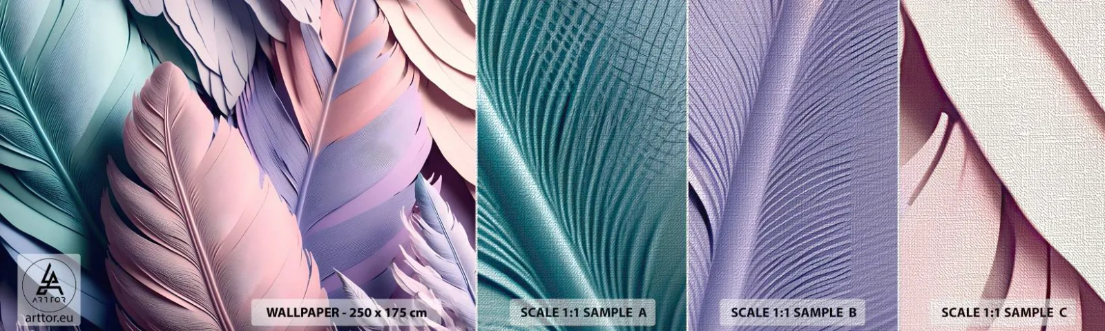 Amostra de papel de parede Premium Canvas - Pássaro chique - Pastel, Penas, Leveza - 100x30 cm