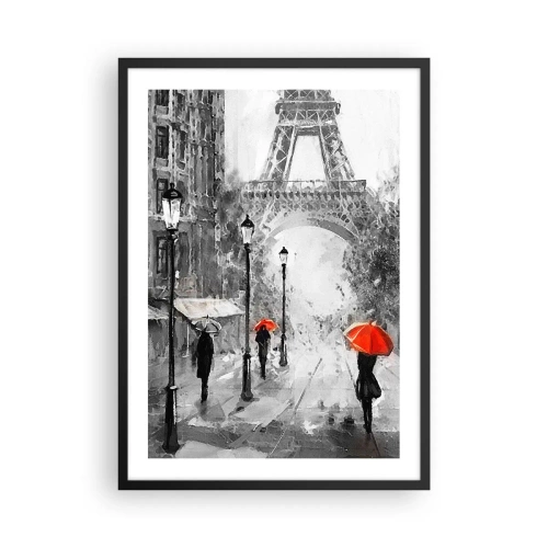 Pôster com moldura preta - Torre Eiffel em preto e branco com guarda-chuvas vermelhos na chuva - 50x70cm - Todos os caminhos levam a ela - Decoração de parede moderna para a sala de estar e quarto ARTTOR
