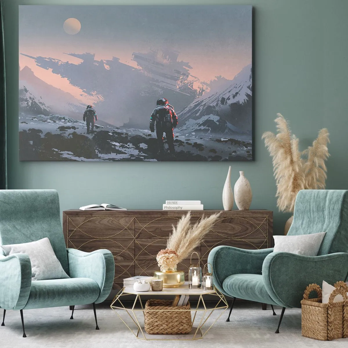 Quadro em tela - Astronautas em um planeta alienígena com uma nave espacial destruída - 70x50cm - Sob uma estrela desconhecida - Decoração de parede moderna para a sala de estar e quarto ARTTOR