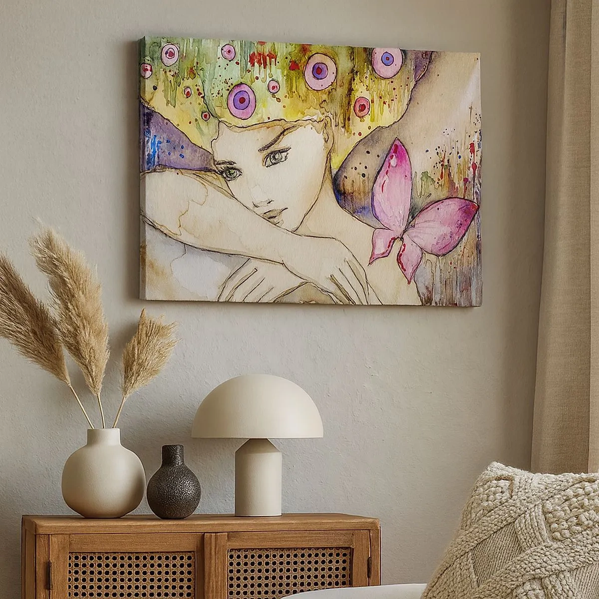 Quadro em tela - Uma mulher com um penteado abstrato e uma borboleta rosa - 70x50cm - Princesa borboleta - Decoração de parede moderna para a sala de estar e quarto ARTTOR