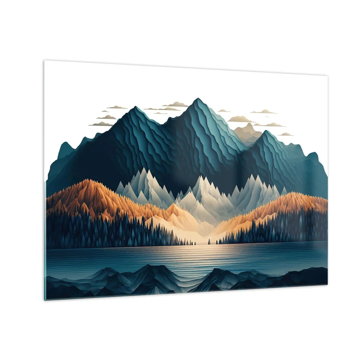 Quadro em vidro - Paisagem montanhosa estilizada com uma floresta e um lago - 70x50cm - Paisagem montanhosa perfeita - Decoração de parede moderna para a sala de estar e quarto ARTTOR