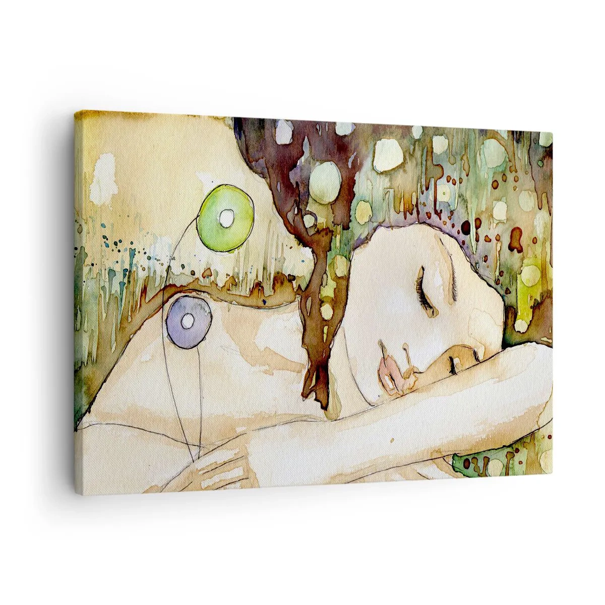 Quadro em tela - Uma mulher sonhando cercada por formas e cores abstratas. - 70x50cm - Um sonho Violeta Esmeralda - Decoração de parede moderna para a sala de estar e quarto ARTTOR