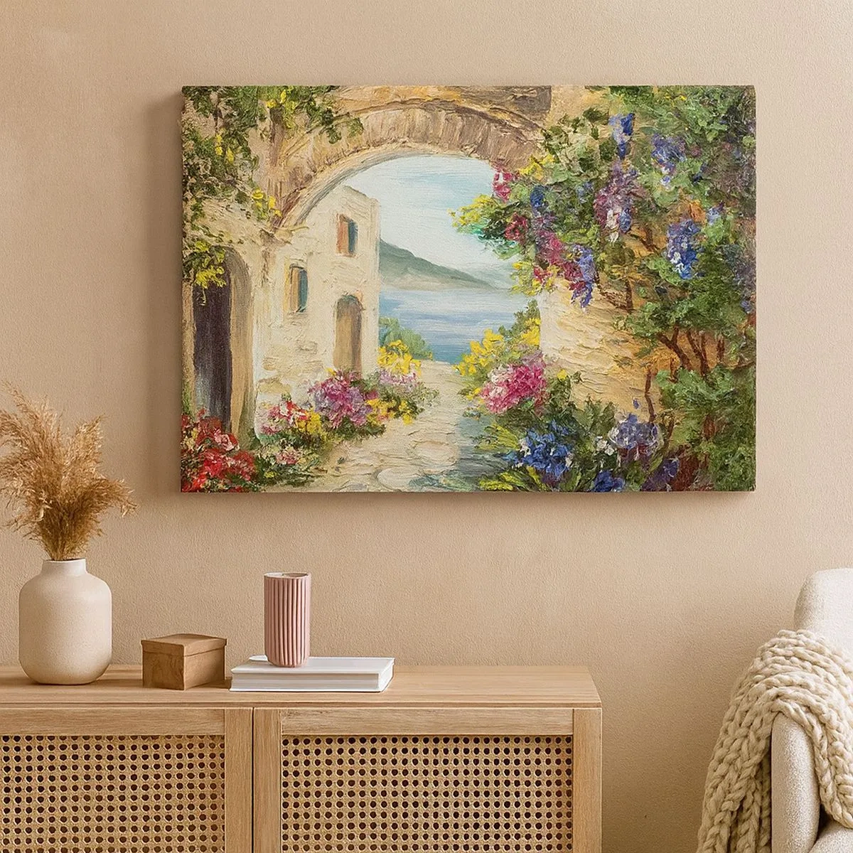 Quadro em tela - Paisagem costeira com edifícios de pedra e flores - 70x50cm - O encanto da província costeira - Decoração de parede moderna para a sala de estar e quarto ARTTOR