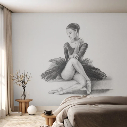 Papel de Parede Standard Eco - Desenho de uma bailarina sentada em um tutu preto - 100x70cm - Encantada pela dança - Decoração de parede moderna para a sala de estar e quarto ARTTOR