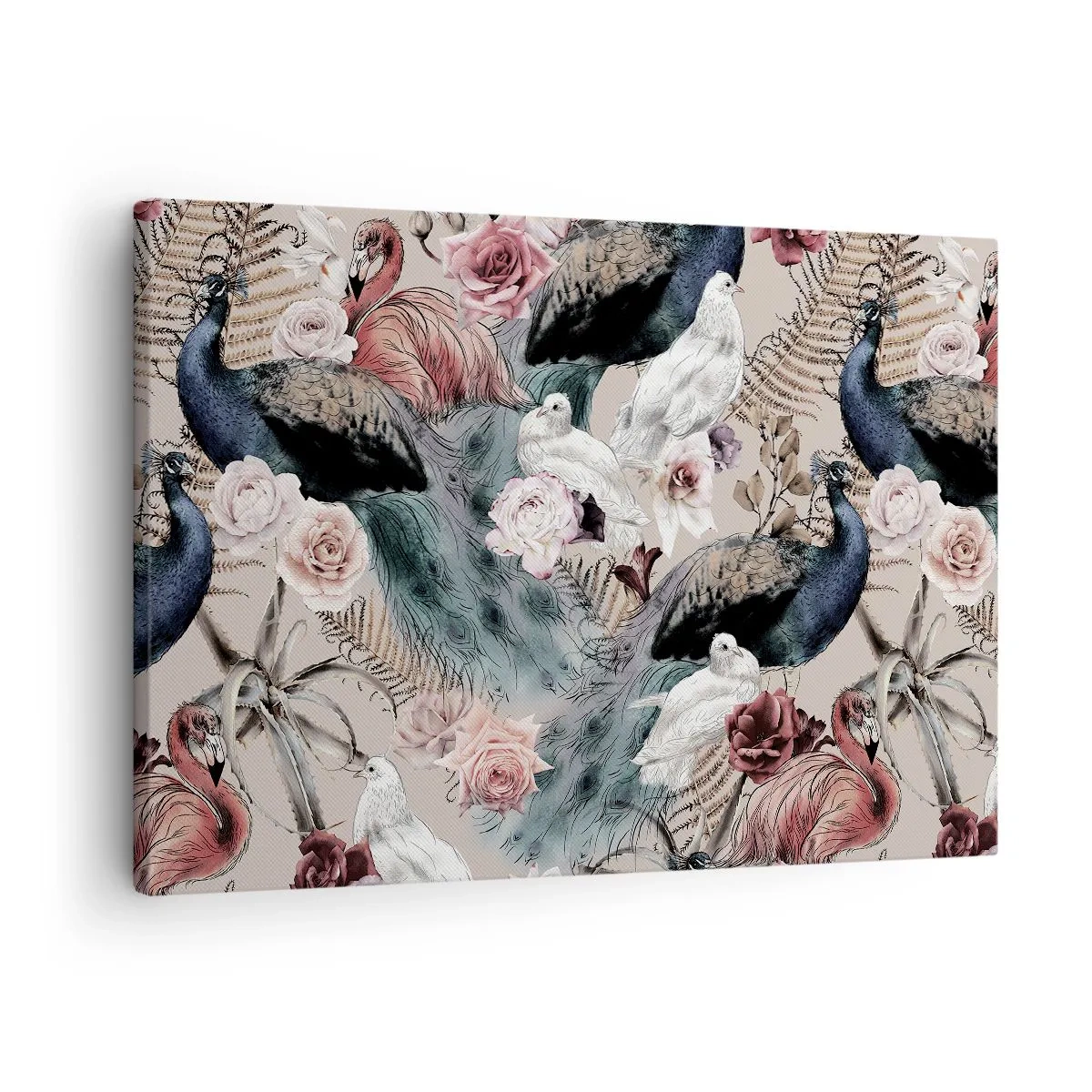 Quadro em tela - Uma paisagem com penas de pavão, rosas e pássaros em um estilo romântico. - 70x50cm - No jardim do palácio - Decoração de parede moderna para a sala de estar e quarto ARTTOR