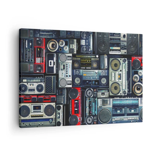 Quadro em tela - Uma colagem de gravadores retrô e alto-falantes vintage. - 70x50cm - Saudades dos anos 80. - Decoração de parede moderna para a sala de estar e quarto ARTTOR
