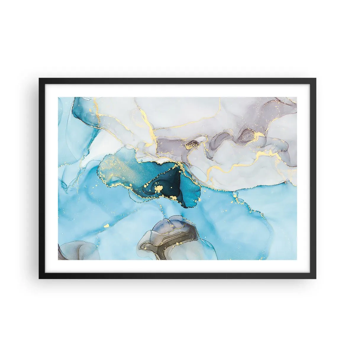 Pôster com moldura preta - Estudo do encontro do cinza e turquesa - 70x50 cm