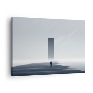 Quadro em tela - Uma paisagem minimalista com uma silhueta ao lado de um monólito retangular - 70x50cm - Oportunidade ou ameaça? - Decoração de parede moderna para a sala de estar e quarto ARTTOR