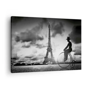 Quadro em tela - Imagem em preto e branco de uma bicicleta retrô com a Torre Eiffel ao fundo - 70x50cm - Saudades da Belle Époque - Decoração de parede moderna para a sala de estar e quarto ARTTOR