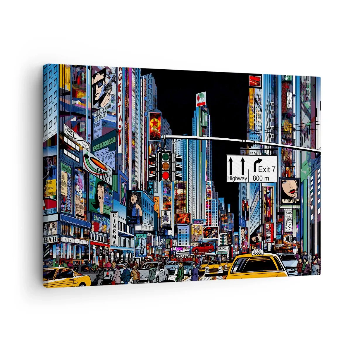 Quadro em tela - Uma cidade movimentada com anúncios coloridos e táxis amarelos - 70x50cm - Grande Noite em Cartoon - Decoração de parede moderna para a sala de estar e quarto ARTTOR