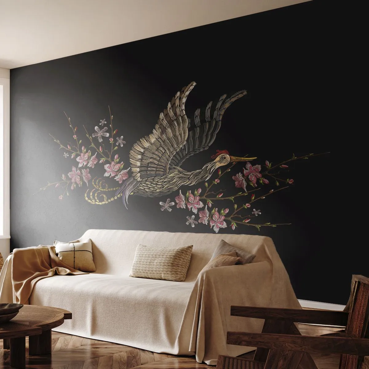 Papel de Parede Premium Sand - Pássaro exótico e bordado - Pássaro, Gráficos, Flores - 450x315 cm