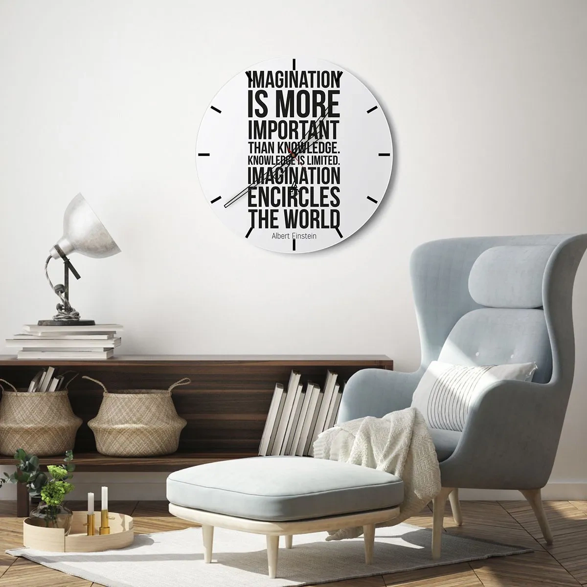 Relógio de parede - Relógio em vidro - Citação inspiradora de Albert Einstein - 30x30cm - Einstein sobre o poder da imaginação - Decoração de parede moderna para a sala de estar, cozinha e quarto ARTTOR