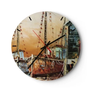 Relógio de parede - Relógio em vidro - Imagem de navios à vela em um porto pitoresco ao pôr do sol - 30x30cm - Um regresso tranquilo - Decoração de parede moderna para a sala de estar, cozinha e quarto ARTTOR