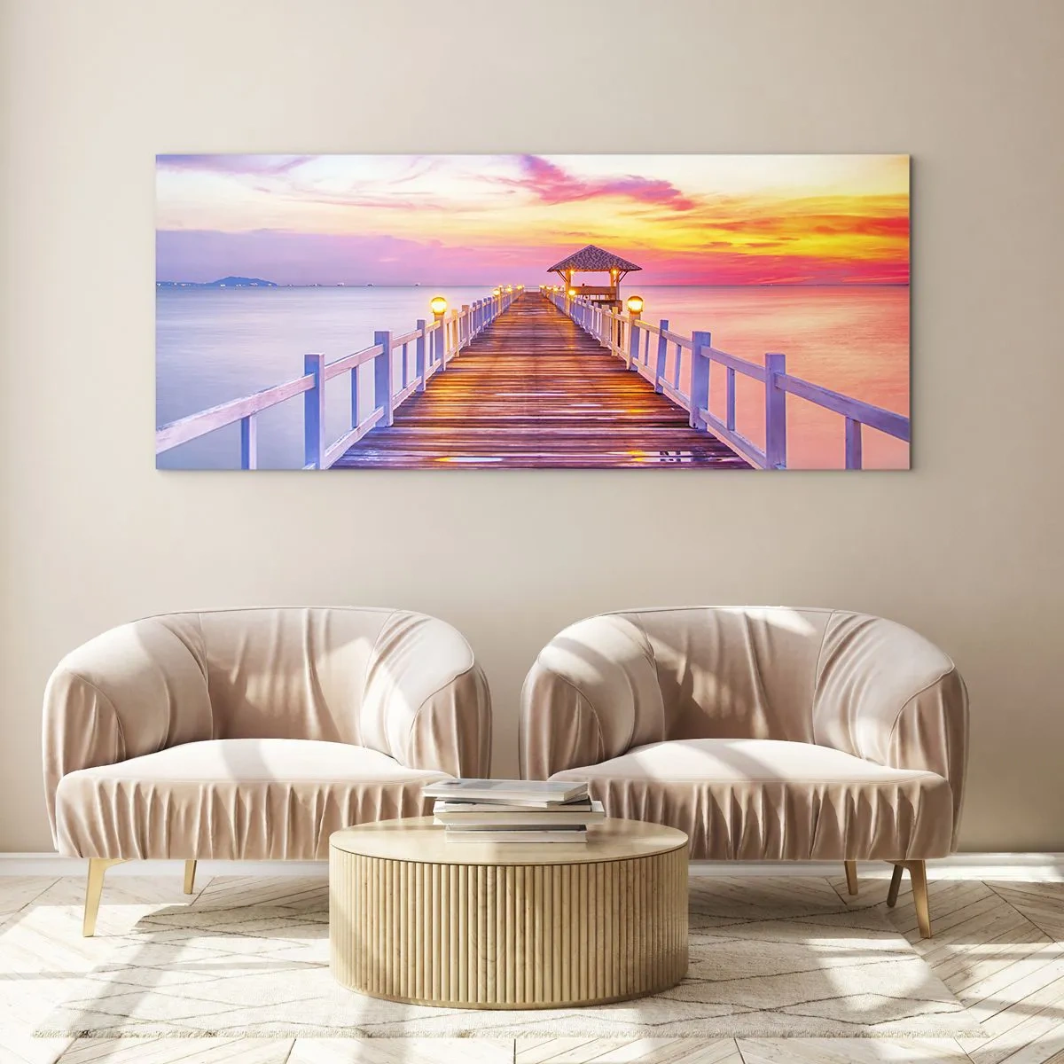 Quadro em vidro - O silêncio lilás-dourado da noite - 100x40 cm