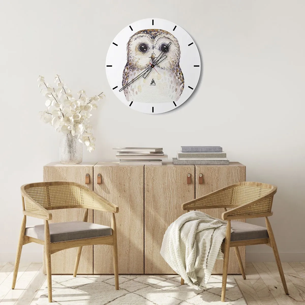 Relógio de parede - Relógio em vidro - Coruja aquarela com olhos grandes em fundo branco - 30x30cm - Olhe-me nos olhos - Decoração de parede moderna para a sala de estar, cozinha e quarto ARTTOR