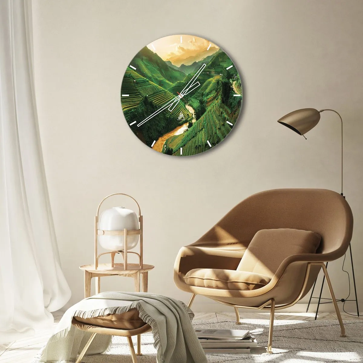Relógio de parede - Relógio em vidro - Terraços de arroz entre as montanhas ao pôr do sol - 30x30cm - Vale vietnamita - Decoração de parede moderna para a sala de estar, cozinha e quarto ARTTOR