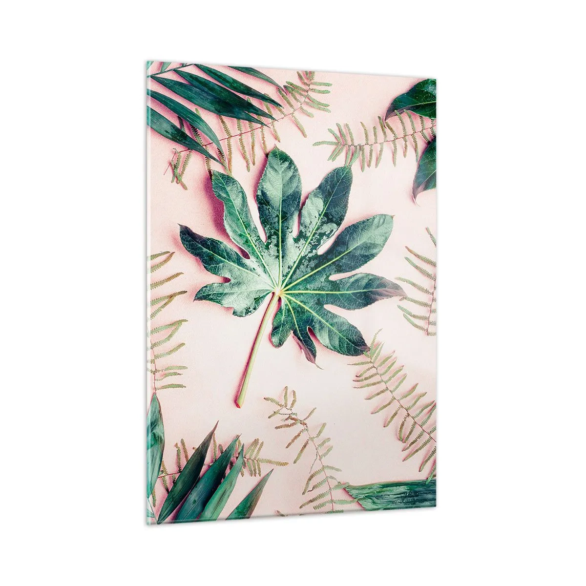 Quadro em vidro - Estudo do verde em um fundo rosa - 50x70 cm