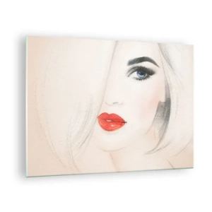 Quadro em vidro - Retrato de uma mulher com cabelos claros, lábios vermelhos e olhos azuis - 70x50cm - Hipnotiza e intoxica - Decoração de parede moderna para a sala de estar e quarto ARTTOR