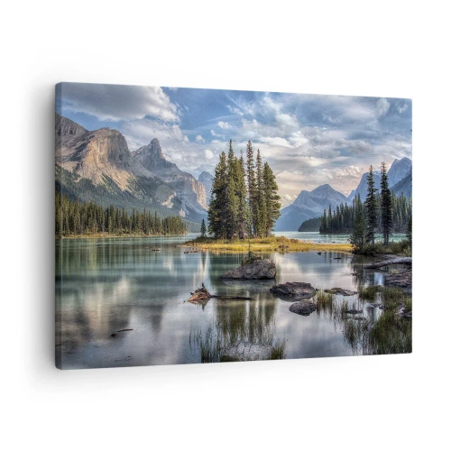 Quadro em tela - Uma paisagem montanhosa com uma ilha cercada por um lago calmo - 70x50cm - Por águas grandes e límpidas… - Decoração de parede moderna para a sala de estar e quarto ARTTOR