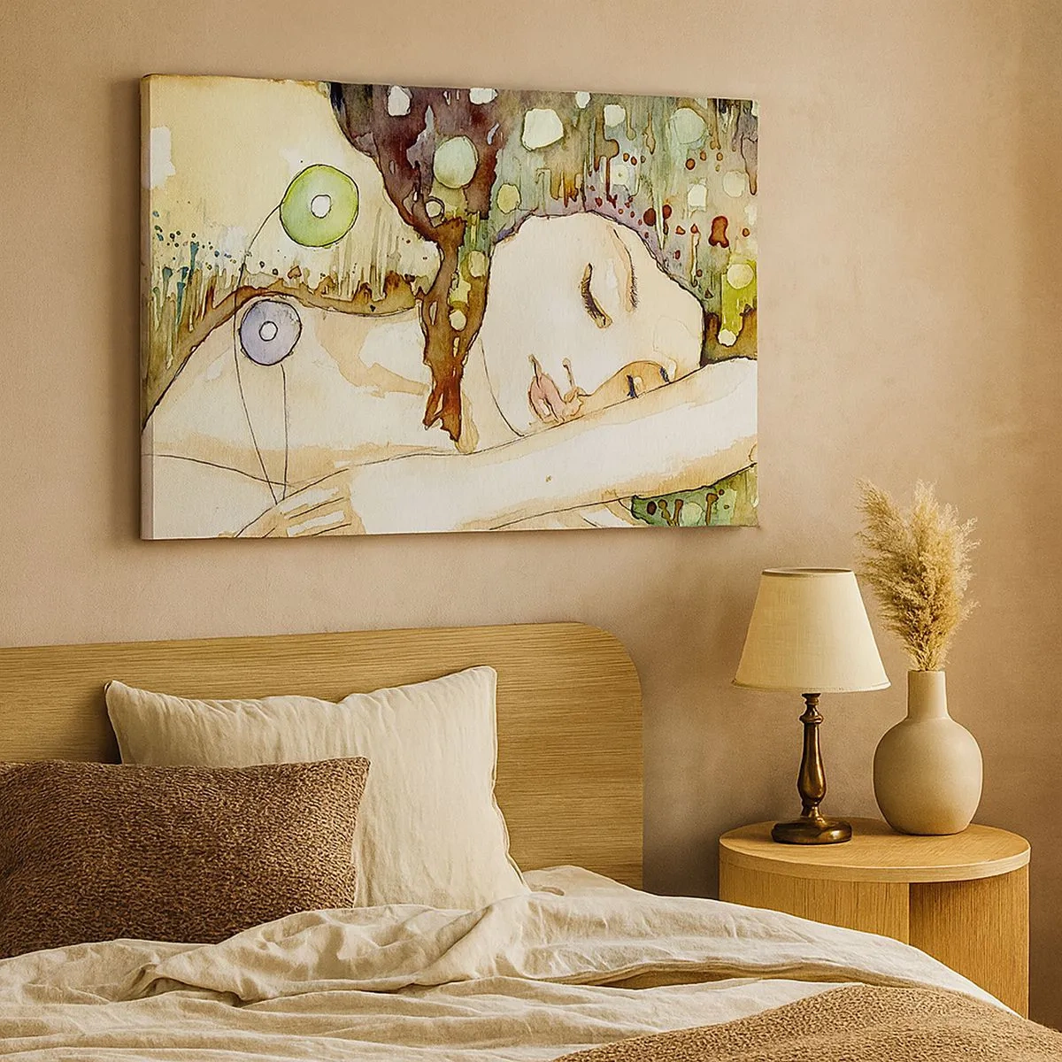 Quadro em tela - Uma mulher sonhando cercada por formas e cores abstratas. - 70x50cm - Um sonho Violeta Esmeralda - Decoração de parede moderna para a sala de estar e quarto ARTTOR