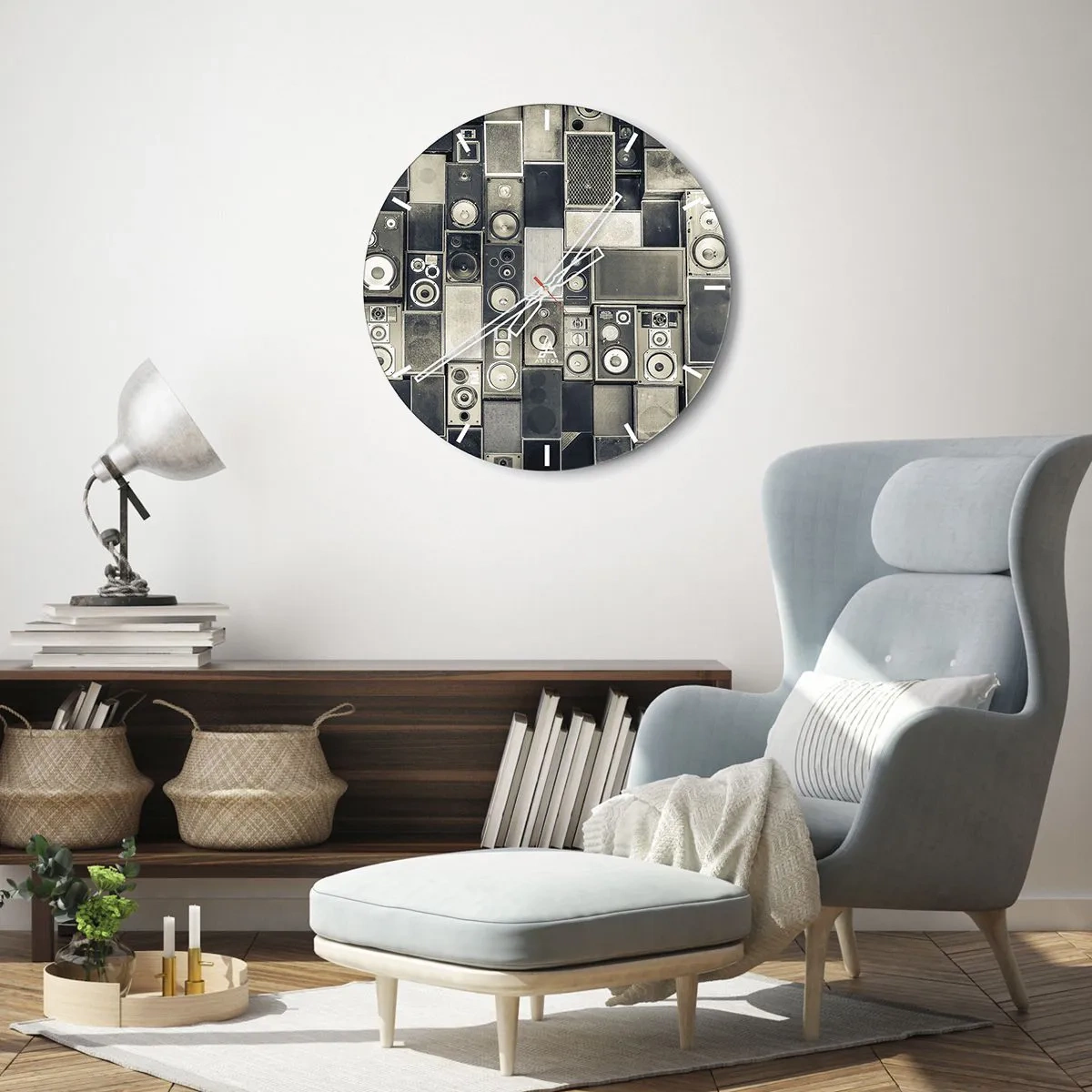 Relógio de parede - Relógio em vidro - Conjunto de alto-falantes estilo retrô - 30x30cm - Está tudo bem - Decoração de parede moderna para a sala de estar, cozinha e quarto ARTTOR
