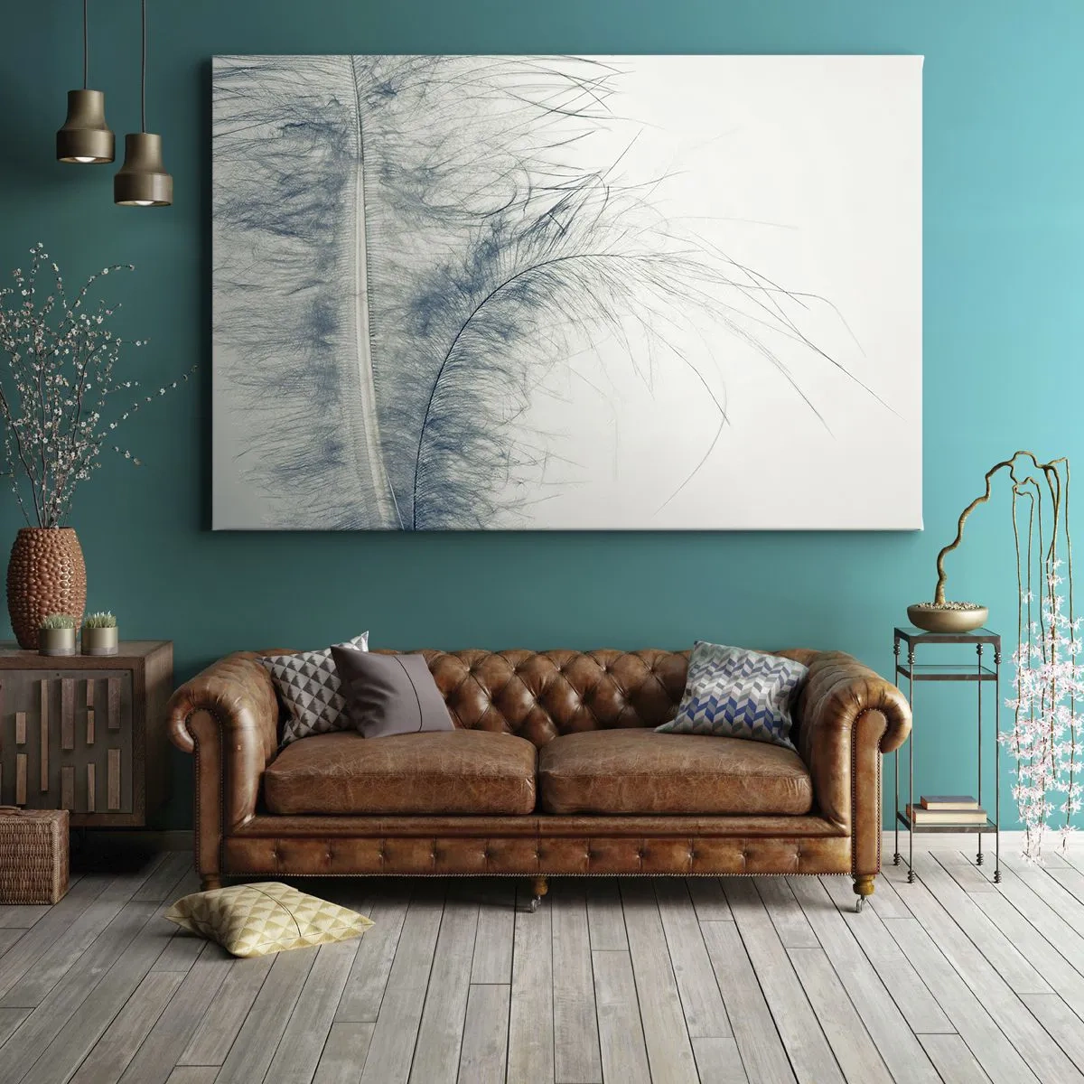 Quadro em tela - Uma pena delicada em tons pastéis sobre um fundo claro - 70x50cm - O sussurro da natureza - Decoração de parede moderna para a sala de estar e quarto ARTTOR