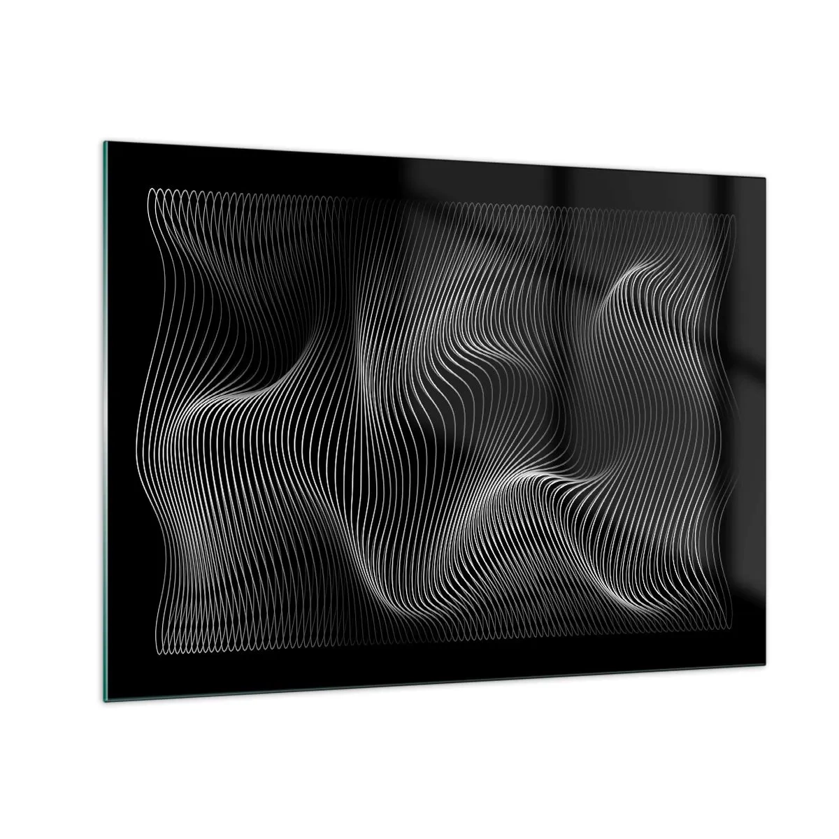 Quadro em vidro - Linhas brancas hipnotizantes ondulando contra um fundo preto - 70x50cm - Dança de luz no espaço - Decoração de parede moderna para a sala de estar e quarto ARTTOR