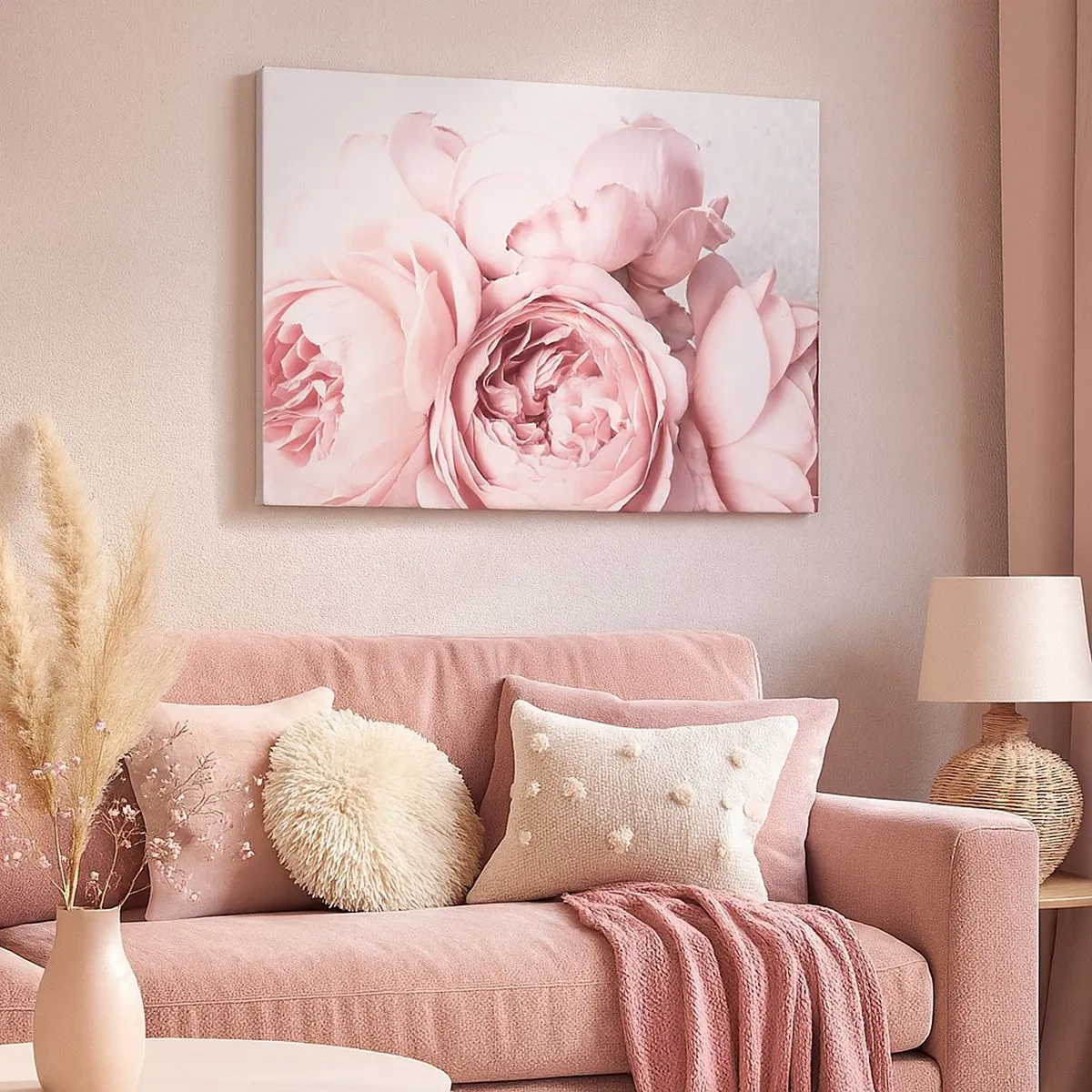 Quadro em tela - Peônias rosa em luz suave contra um fundo claro - 70x50cm - Para românticos - Decoração de parede moderna para a sala de estar e quarto ARTTOR