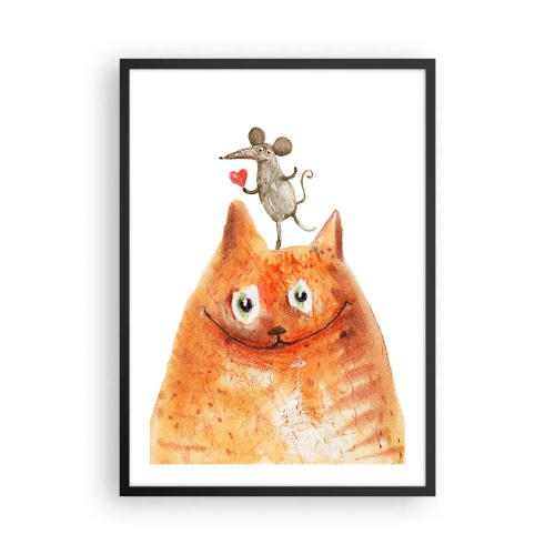 Pôster com moldura preta - Um gato com um rato segurando um coração na cabeça - 50x70cm - Paradoxos do amor - Decoração de parede moderna para a sala de estar e quarto ARTTOR