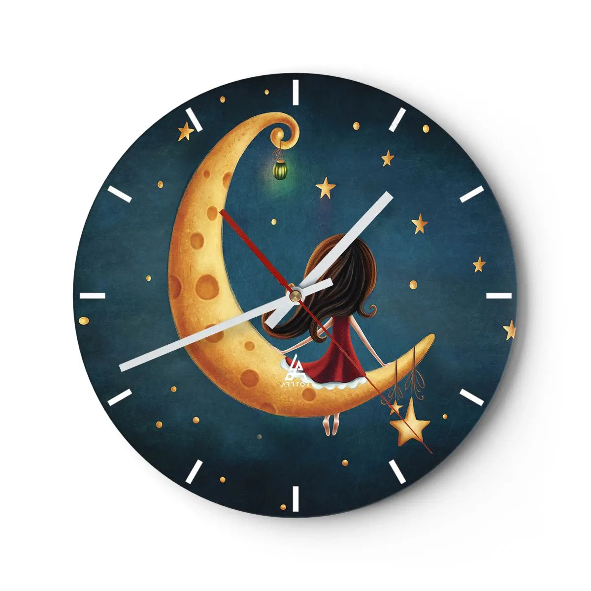 Relógio de parede - Relógio em vidro - Uma garota sentada na lua em um cenário de conto de fadas - 30x30cm - Uma vez... - Decoração de parede moderna para a sala de estar, cozinha e quarto ARTTOR