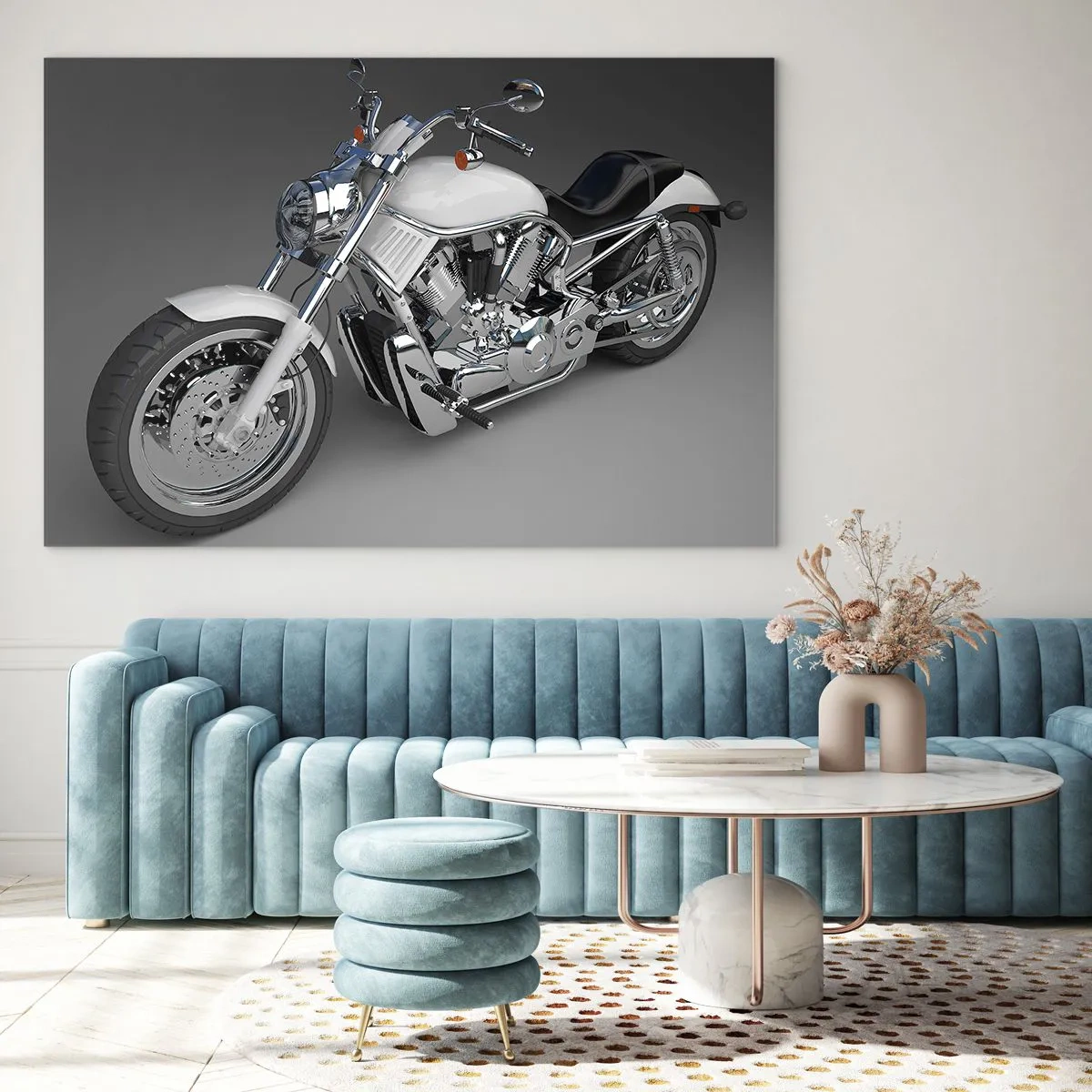 Quadro em vidro - Uma motocicleta estilosa em um fundo cinza com um toque moderno - 70x50cm - Dá vontade de se ajoelhar - Decoração de parede moderna para a sala de estar e quarto ARTTOR