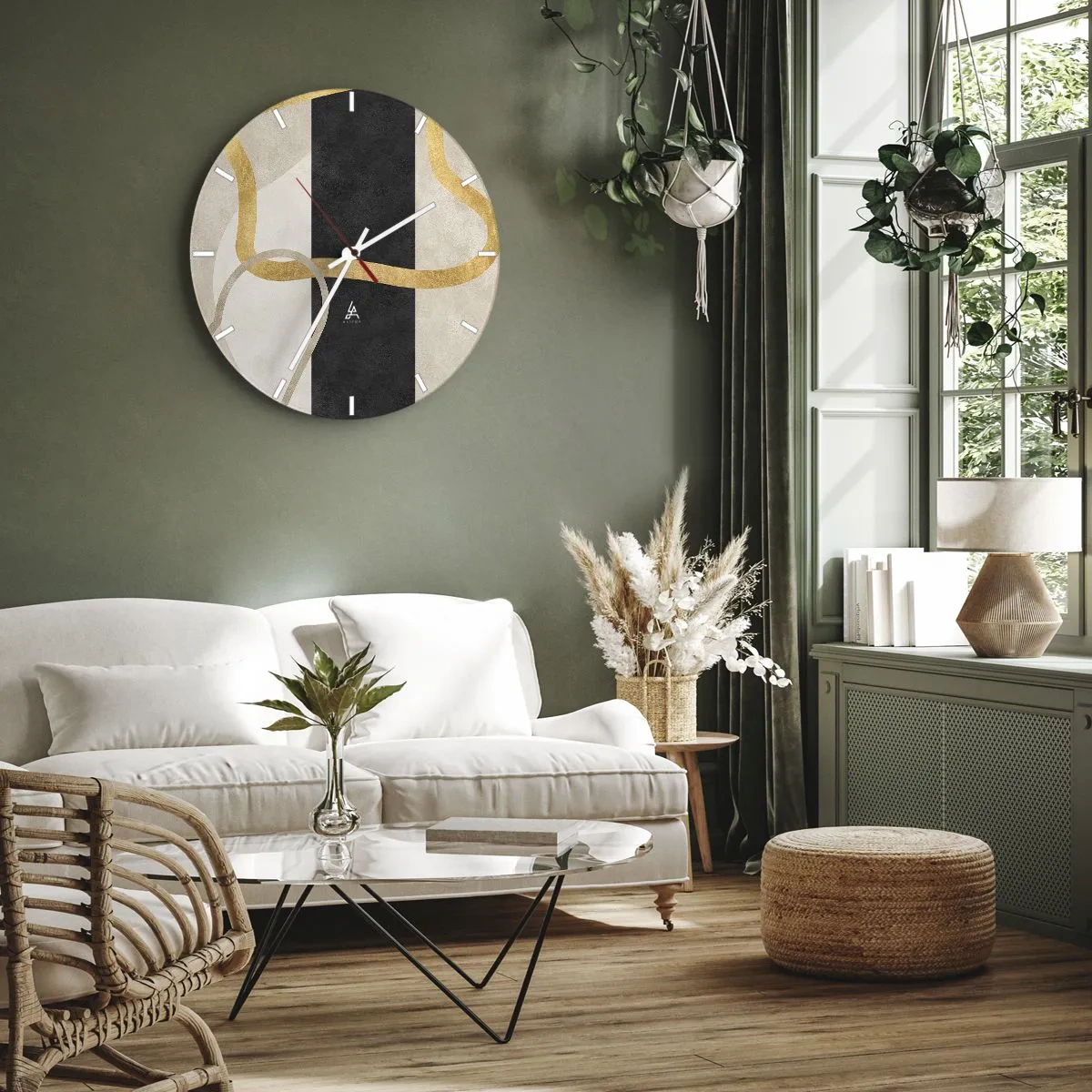 Relógio de parede - Relógio em vidro - Linhas douradas contra uma faixa preta e formas bege - 30x30cm - Formas em loop - Decoração de parede moderna para a sala de estar, cozinha e quarto ARTTOR