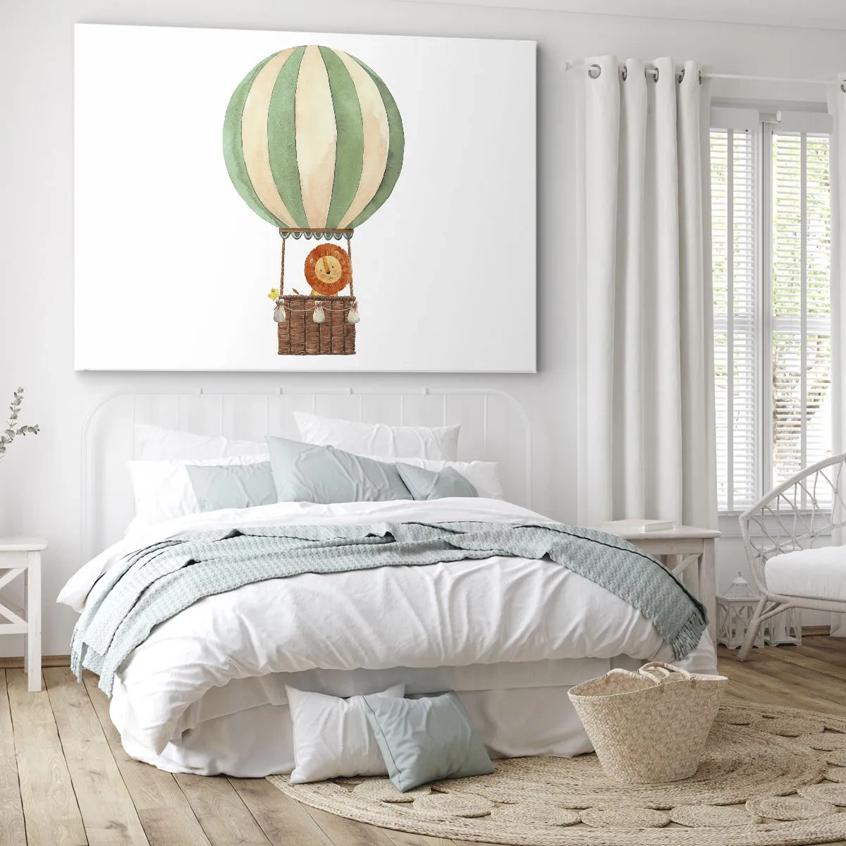 Quadro em tela - Um balão com um leão sorridente em uma cesta de cor pastel - 70x50cm - As viagens de Leon - Decoração de parede moderna para a sala de estar e quarto ARTTOR
