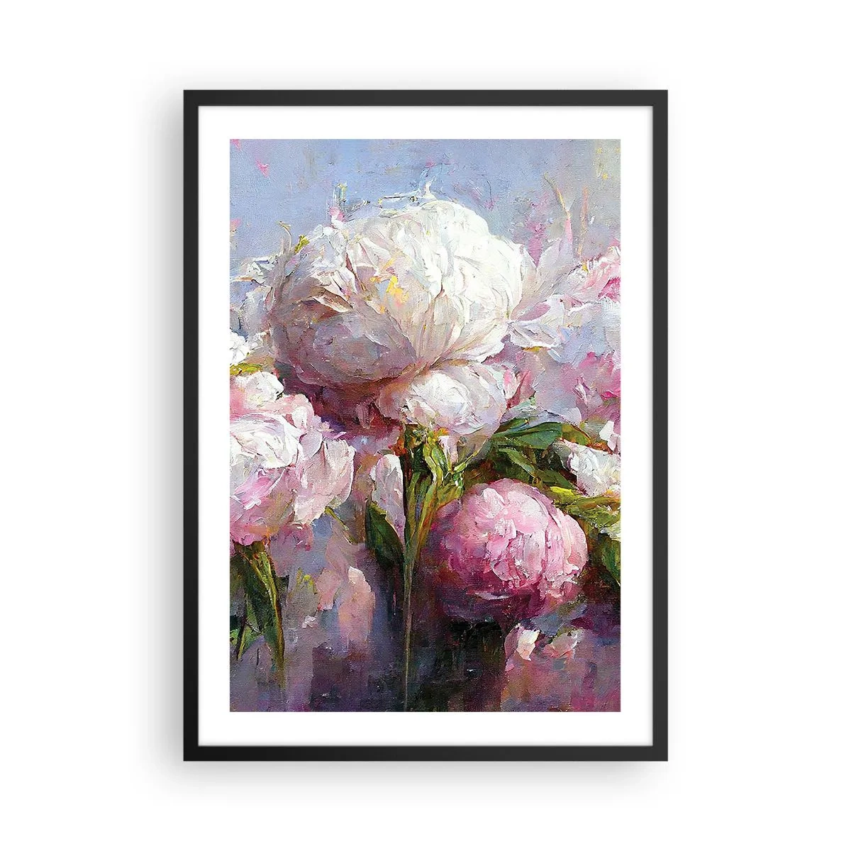 Pôster com moldura preta - Peônias em uma composição romântica e pictórica - 50x70cm - Um buquê cheio de vida - Decoração de parede moderna para a sala de estar e quarto ARTTOR