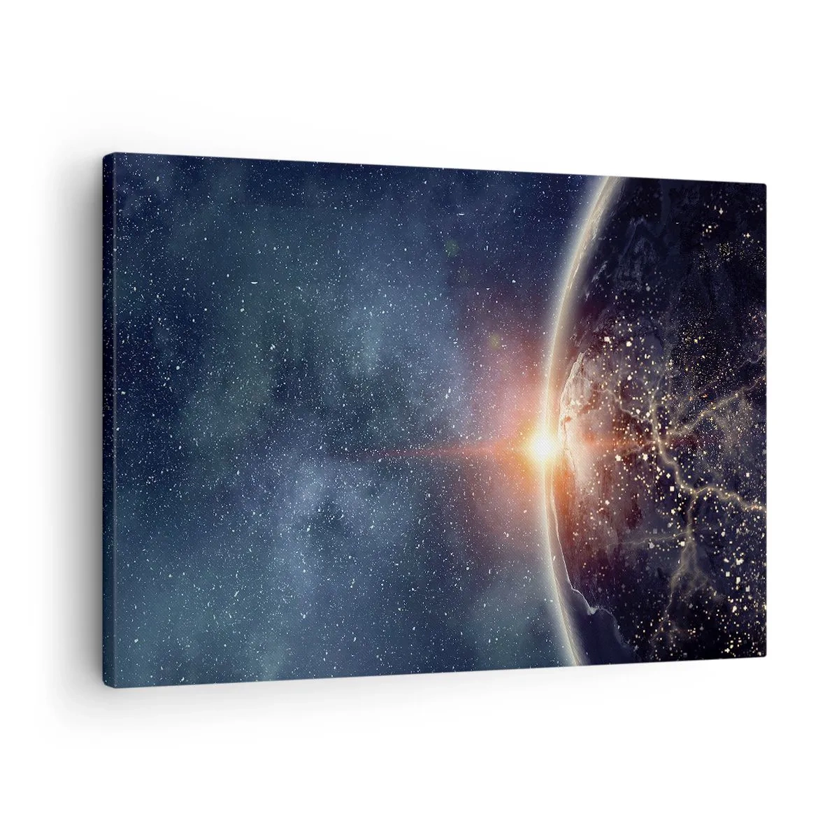 Quadro em tela - Terra vista do espaço com o sol nascente - 70x50cm - Numa nova perspetiva - Decoração de parede moderna para a sala de estar e quarto ARTTOR