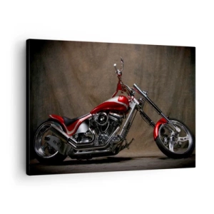 Quadro em tela - Motocicleta vermelha personalizada sobre fundo de tecido marrom - 70x50cm - Beleza vermelho-prata - Decoração de parede moderna para a sala de estar e quarto ARTTOR