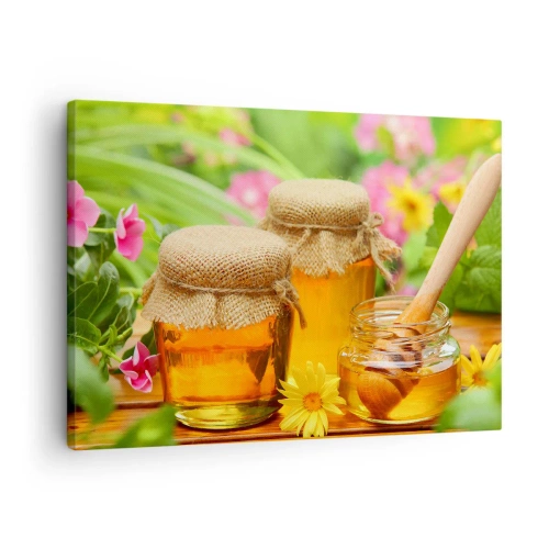 Quadro em tela - Potes de mel com flores no fundo de um jardim de verão - 70x50cm - Doce e floral - Decoração de parede moderna para a sala de estar e quarto ARTTOR