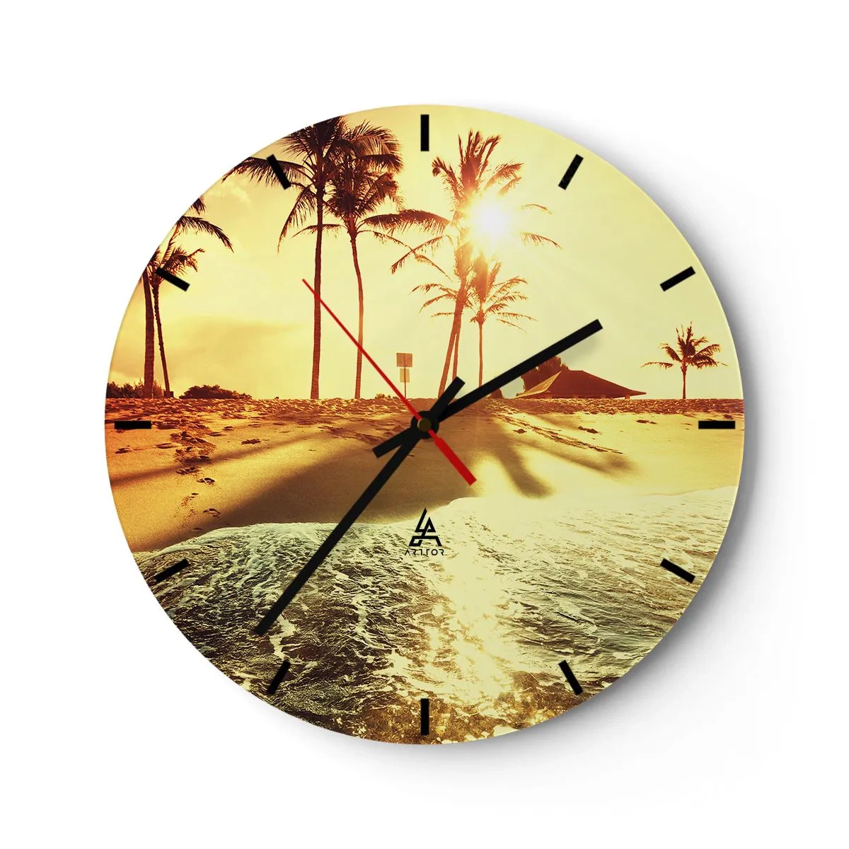 Relógio de parede - Relógio em vidro - Um mostrador de relógio com um motivo de praia à luz do pôr do sol - 30x30cm - Califórnia à tarde - Decoração de parede moderna para a sala de estar, cozinha e quarto ARTTOR