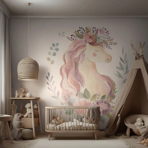 Papel de Parede Premium Sand - Um convite ao mundo dos contos de fadas - Unicórnio, Feminino, Para crianças - 100x70 cm